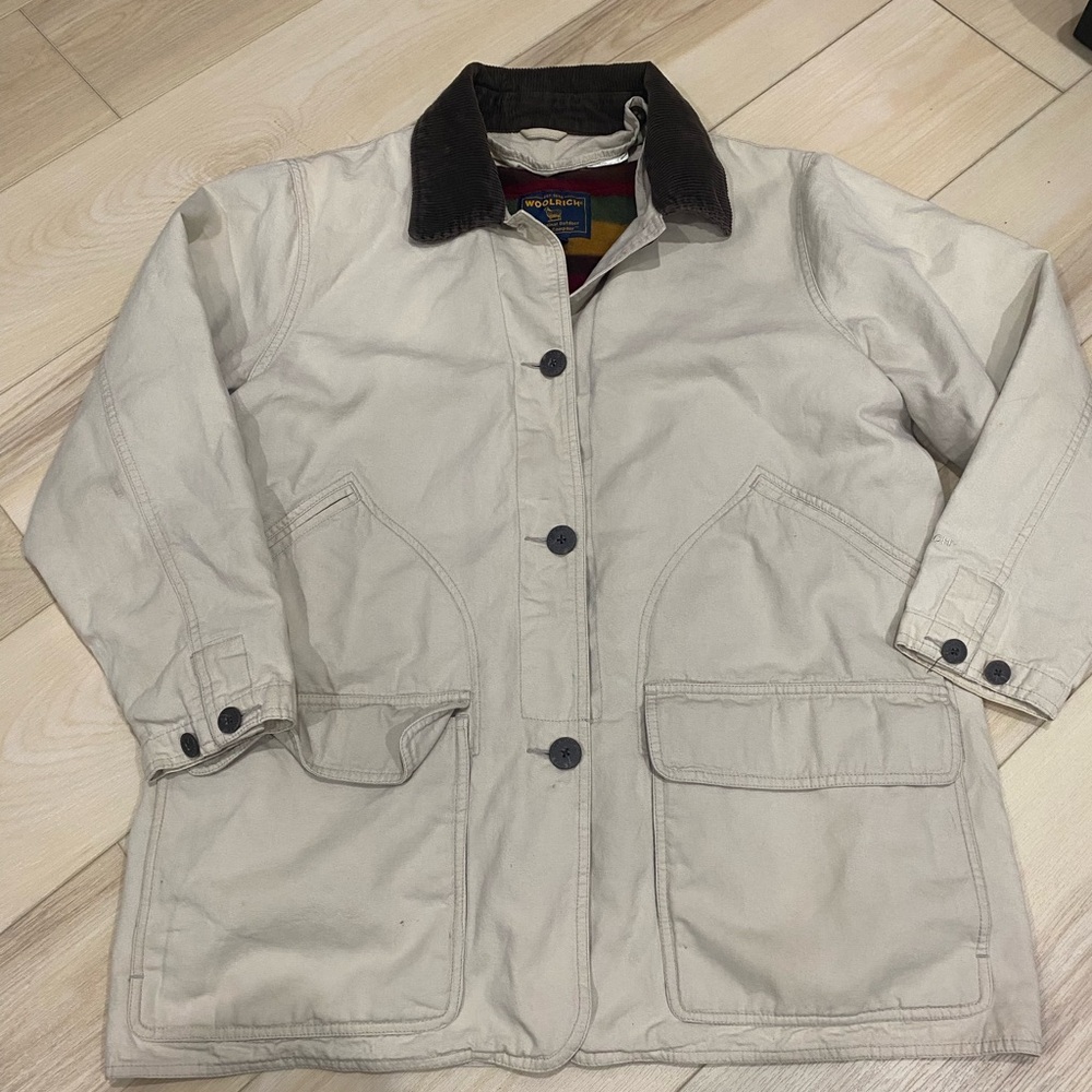 Woolrich Beige Utility Jacket with Dark Brown Corduroy Collar
